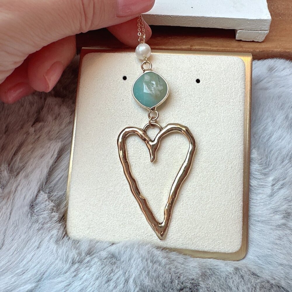 Imperfect Gold Heart with Amazonite and Freshwater Pearl Pendant Necklace